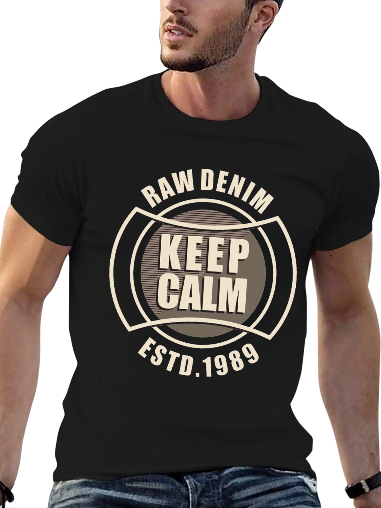Raw Denim Keep Calm Graphic Black T-Shirt