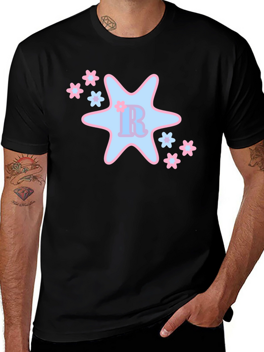 Black T-Shirt with Cute Star & Floral Design