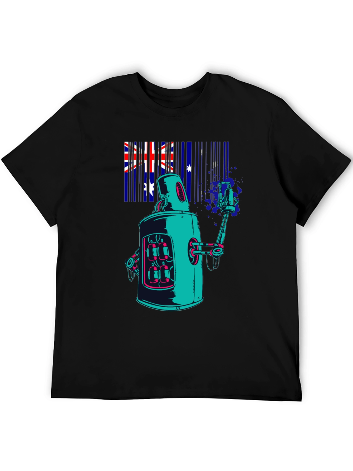 Robot Aussie Flag Black T-Shirt
