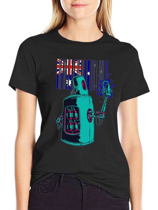 Robot Aussie Flag Black T-Shirt
