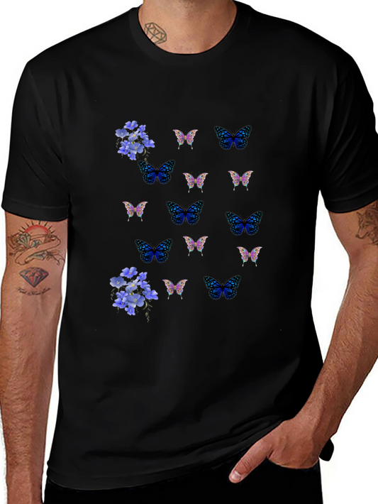 Butterfly & Floral Print Black T-Shirt