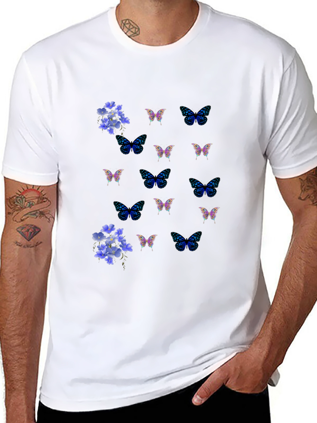 Butterfly & Floral Print Black T-Shirt