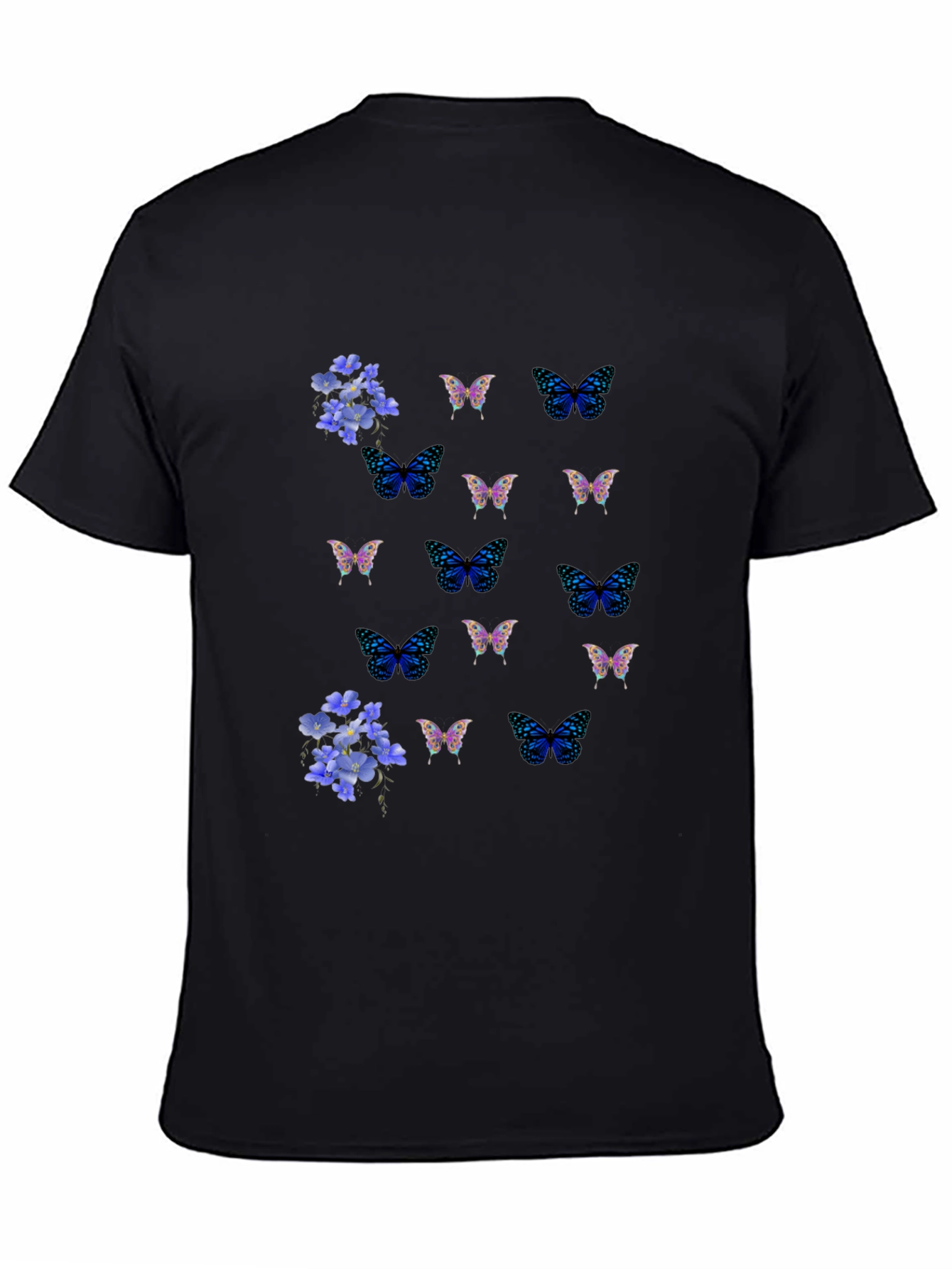 Butterfly & Floral Print Black T-Shirt