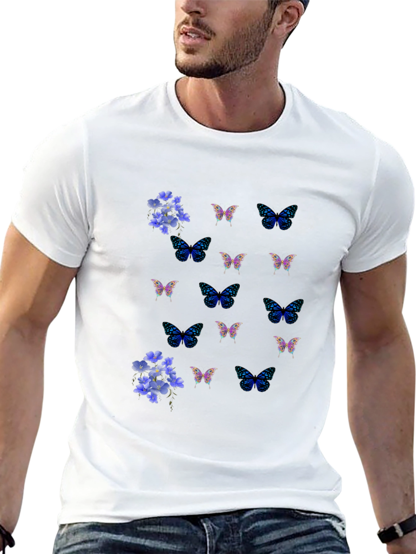 Butterfly & Floral Print Black T-Shirt