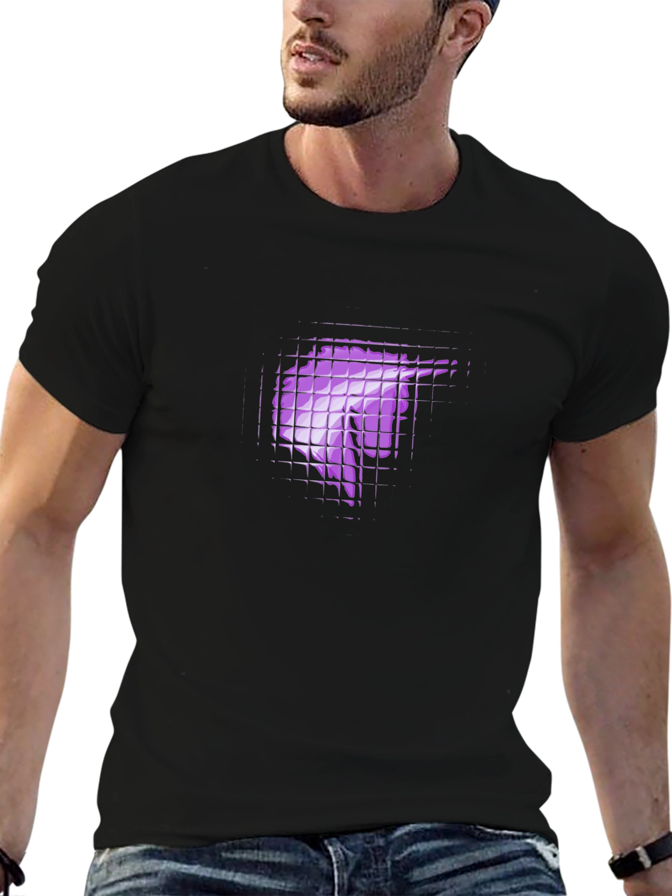 Black T-Shirt with Purple Geometric Graphic