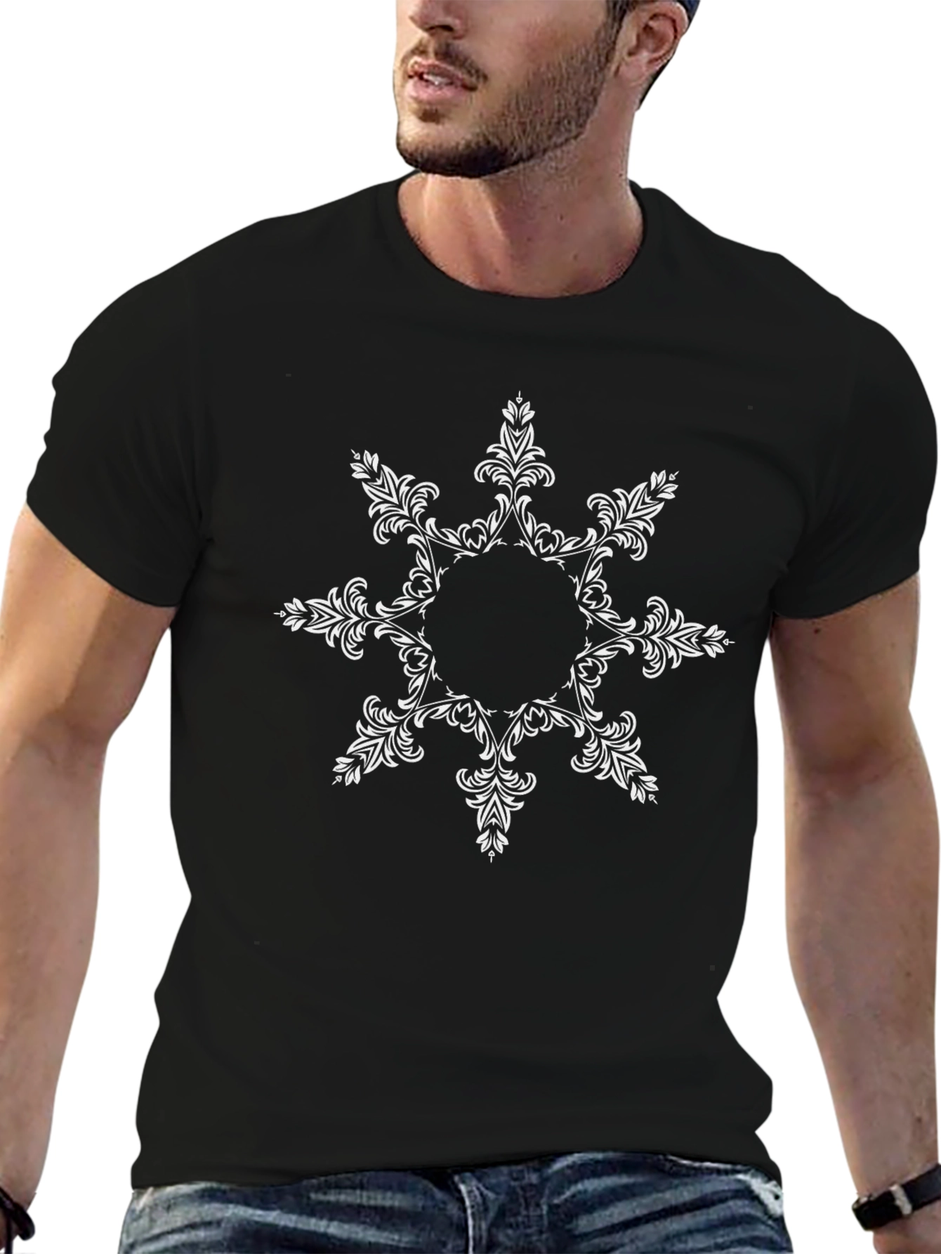 Black Tee with Floral Geometric Design