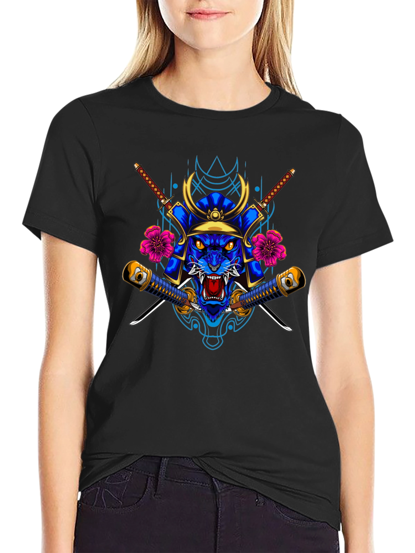 Samurai Tiger Graphic Tee - Black Cotton Blend Shirt