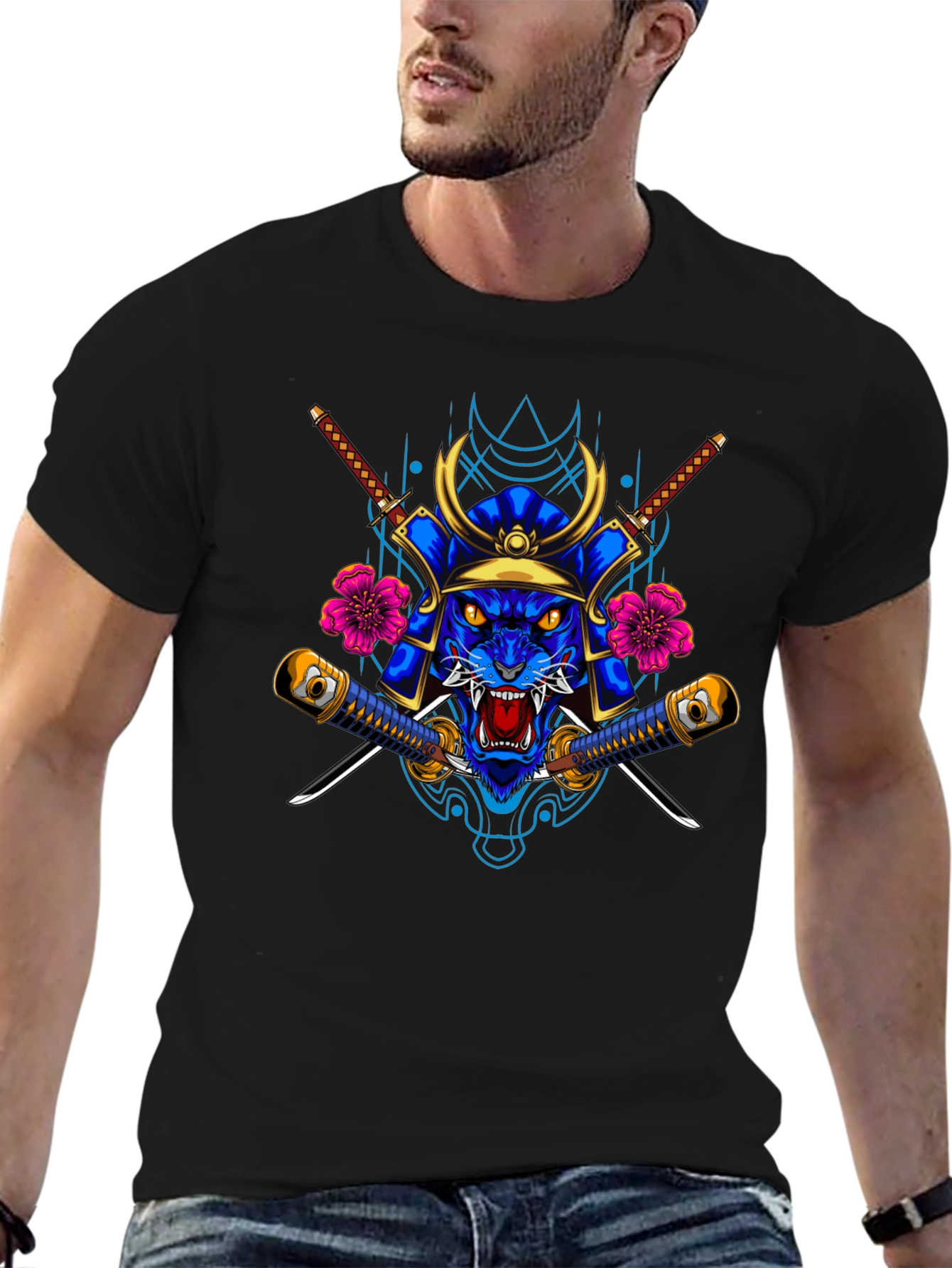 Samurai Tiger Graphic Tee - Black Cotton Blend Shirt