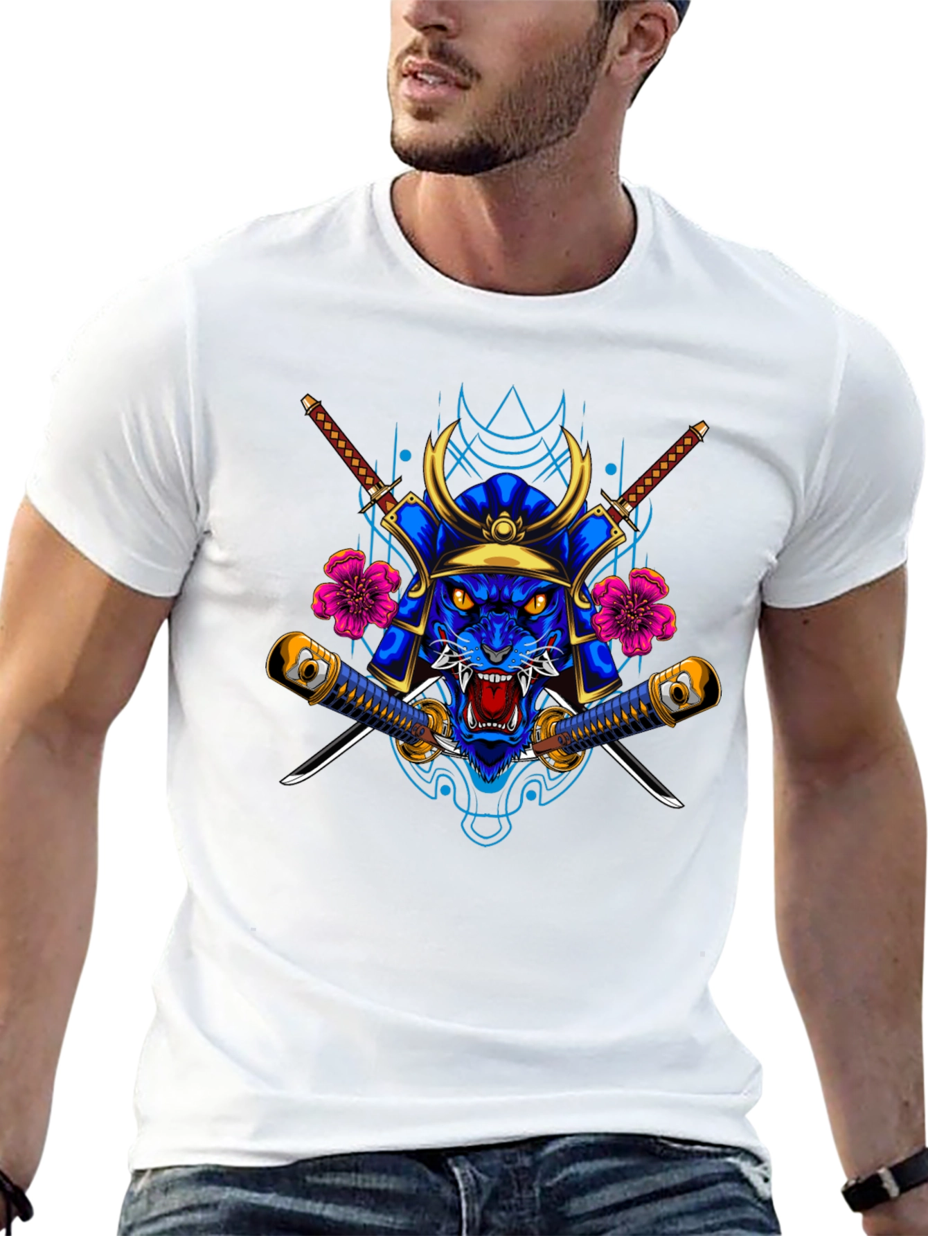 Samurai Tiger Graphic Tee - Black Cotton Blend Shirt