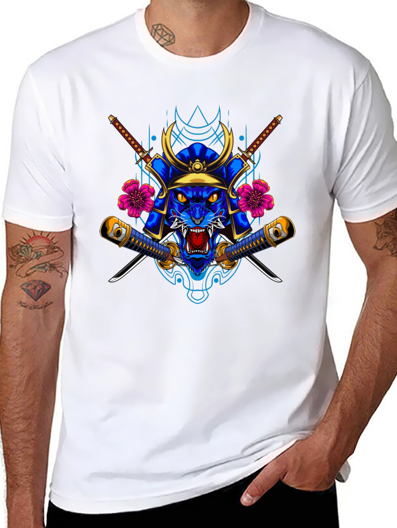 Samurai Tiger Graphic Tee - Black Cotton Blend Shirt