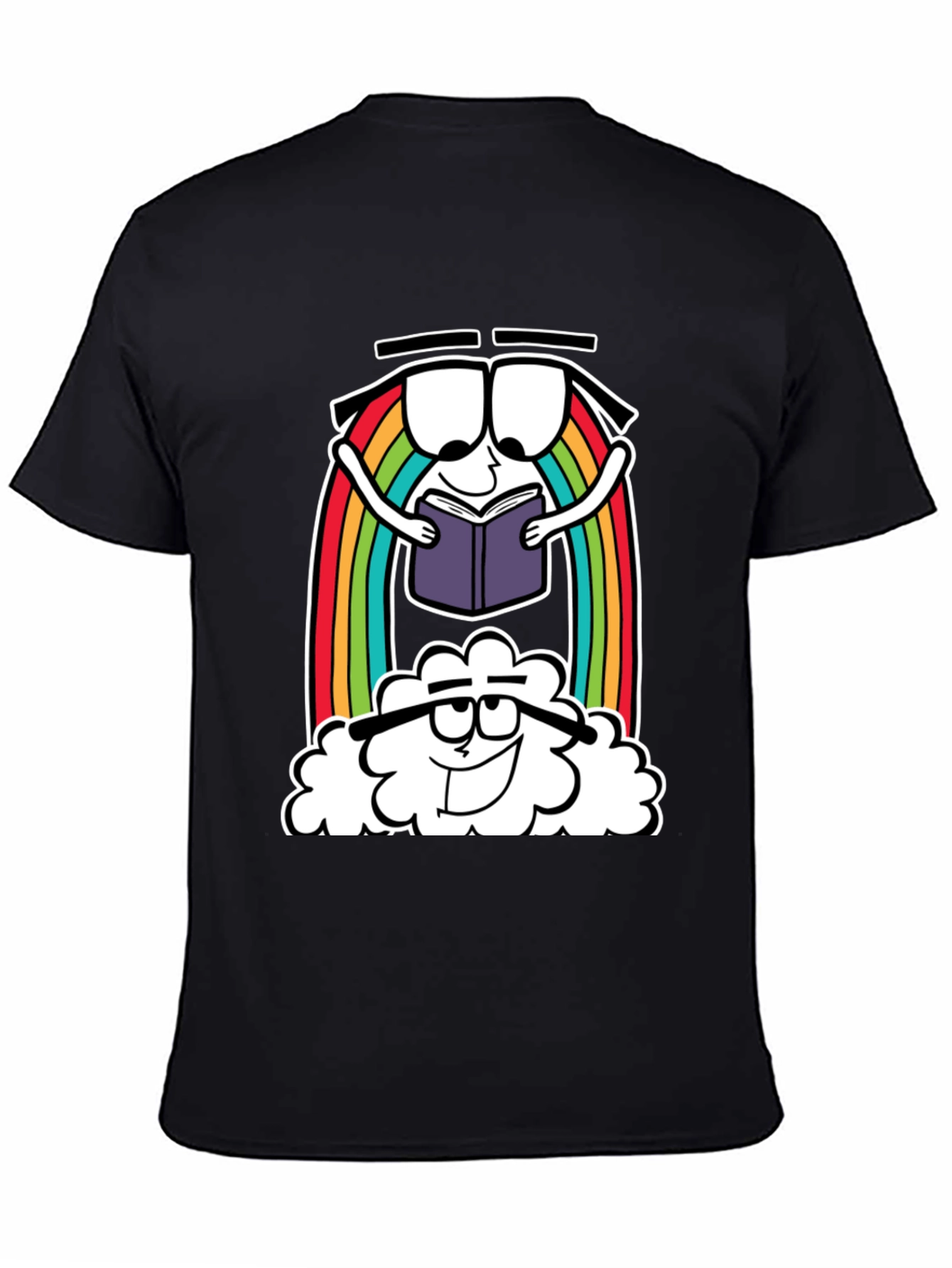 Cartoon Rainbow Cloud Reading Black T-Shirt