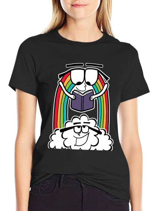 Cartoon Rainbow Cloud Reading Black T-Shirt