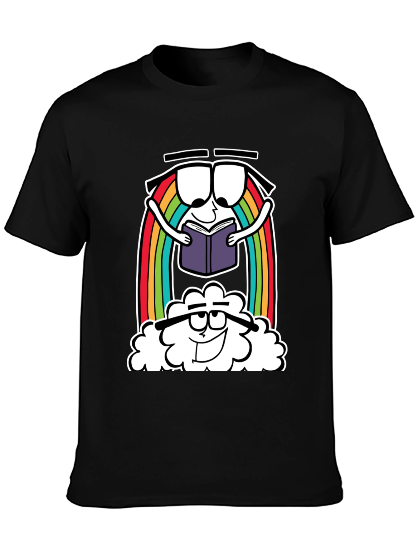 Cartoon Rainbow Cloud Reading Black T-Shirt
