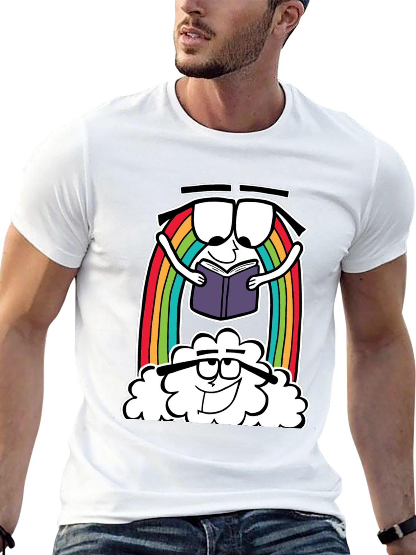 Cartoon Rainbow Cloud Reading Black T-Shirt
