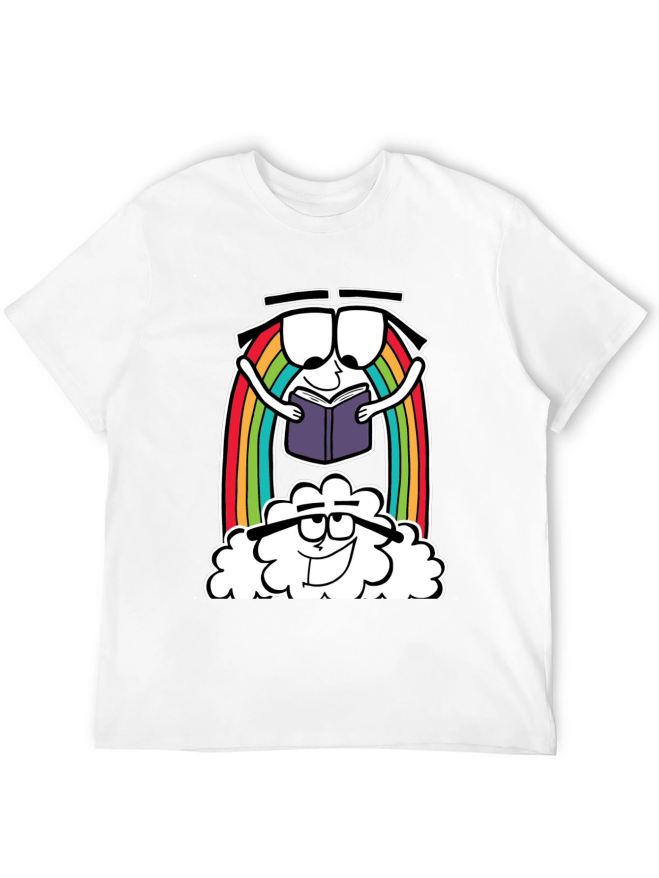 Cartoon Rainbow Cloud Reading Black T-Shirt