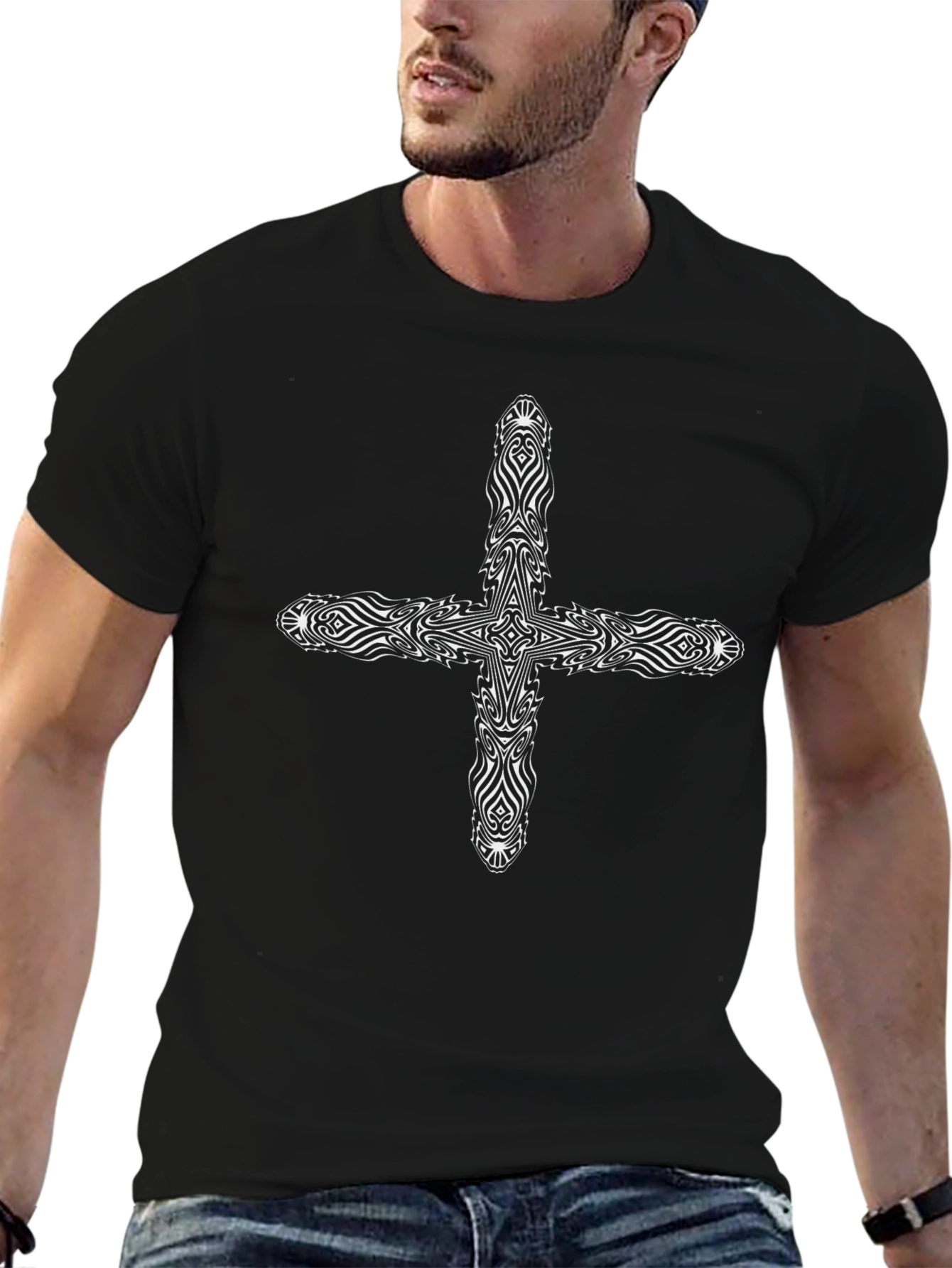 Tribal Cross Graphic Tee - Black Cotton Blend