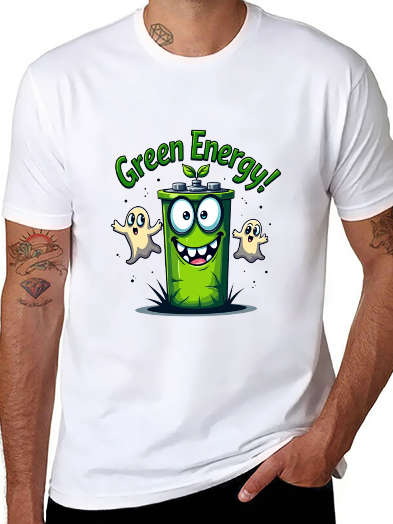 Green Energy T-Shirt - Cartoon Battery Design