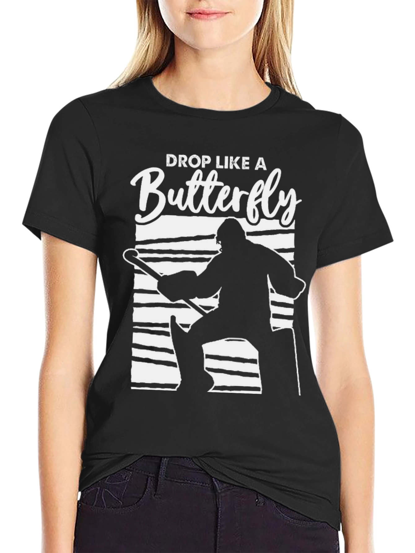 Drop Like a Butterfly Hockey Goalie Black T-Shirt