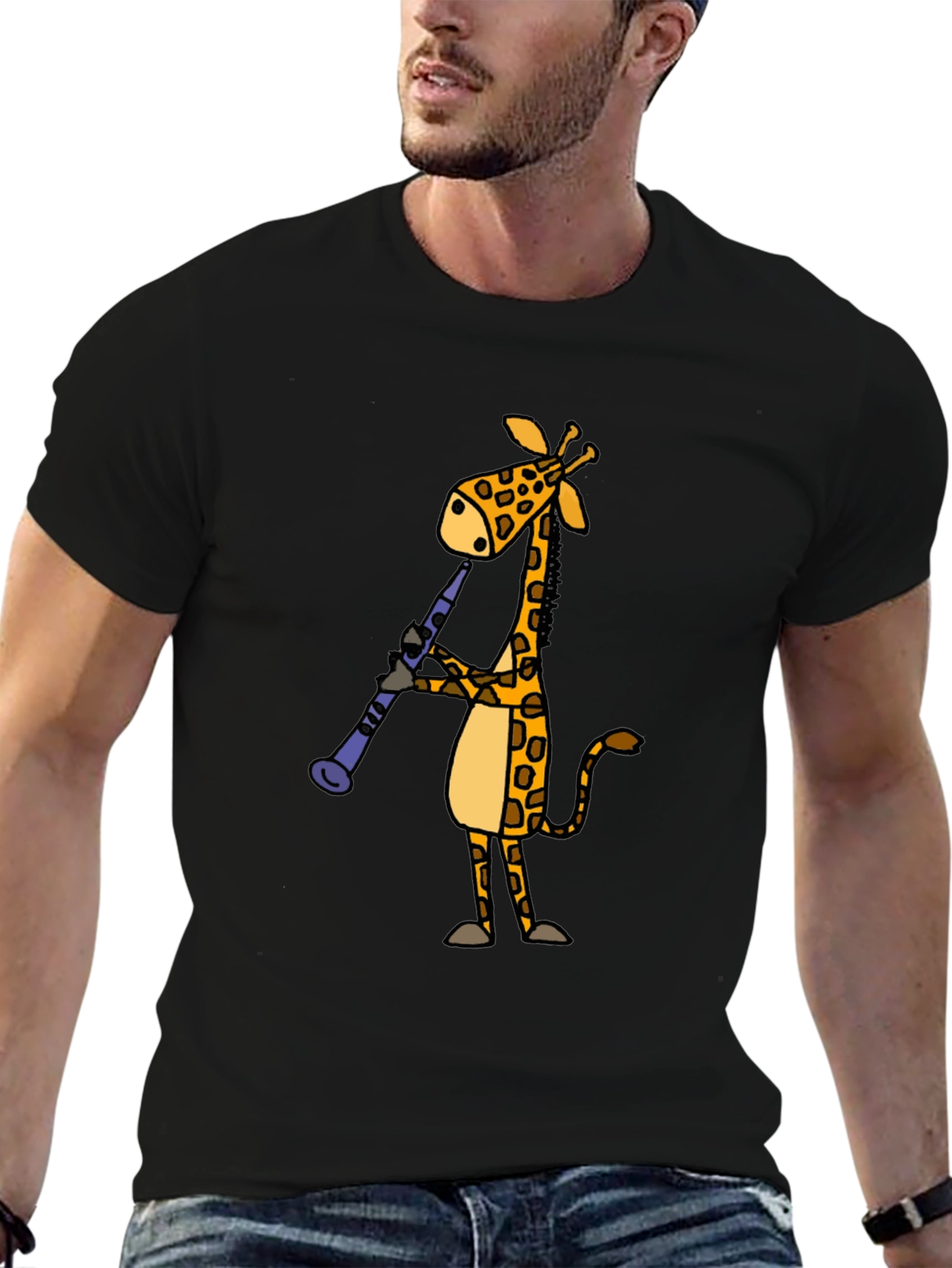 Giraffe Clarinet Player Black T-Shirt