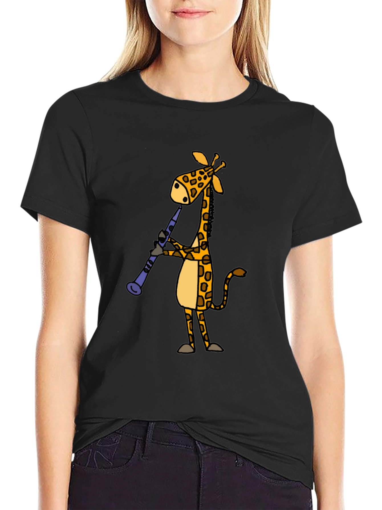 Giraffe Clarinet Player Black T-Shirt