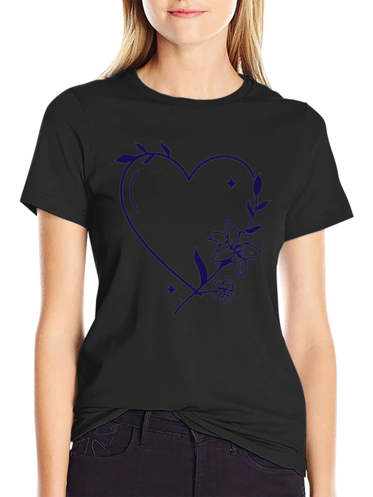 Floral Heart Print Black T-Shirt