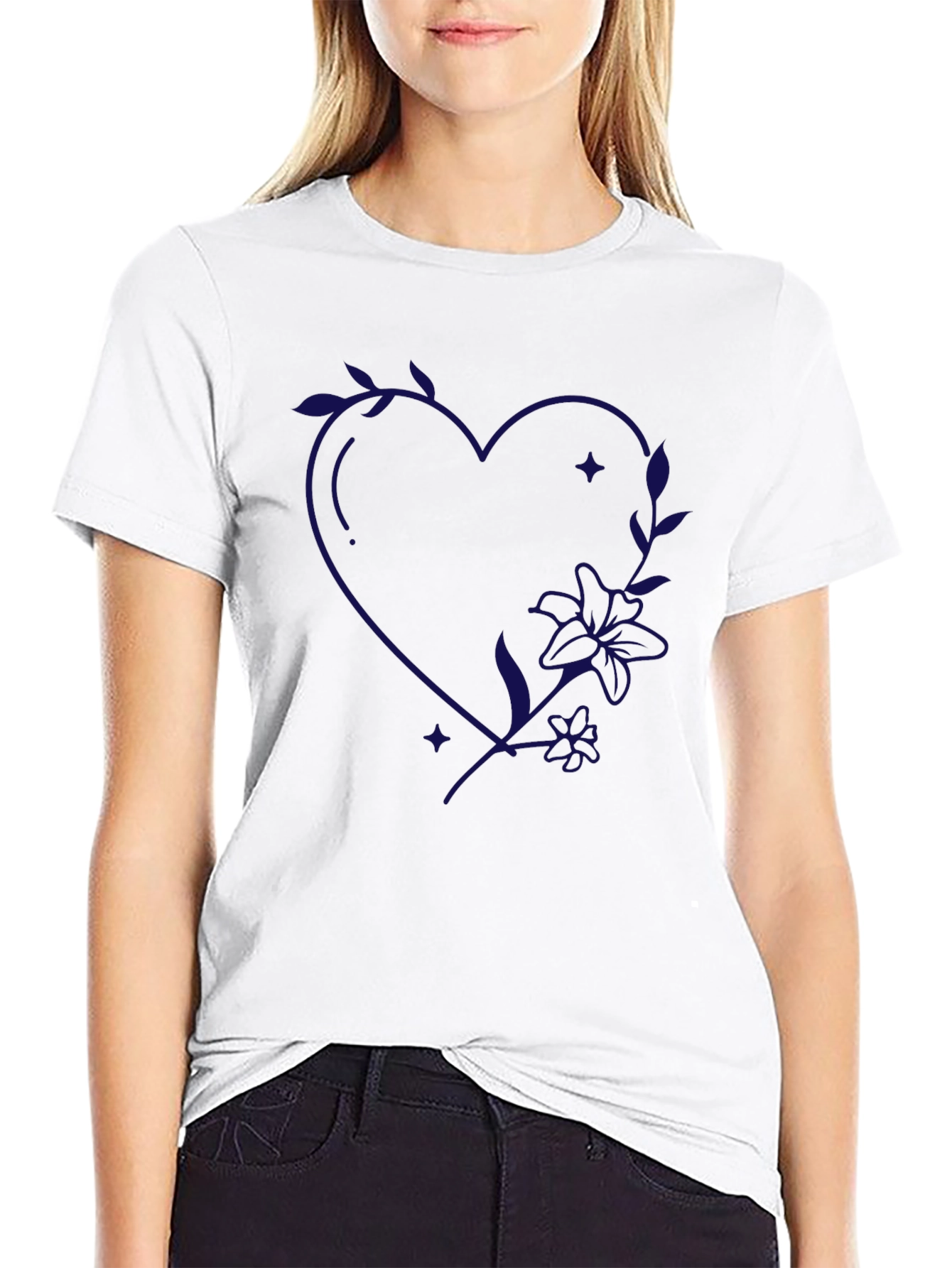 Floral Heart Print Black T-Shirt