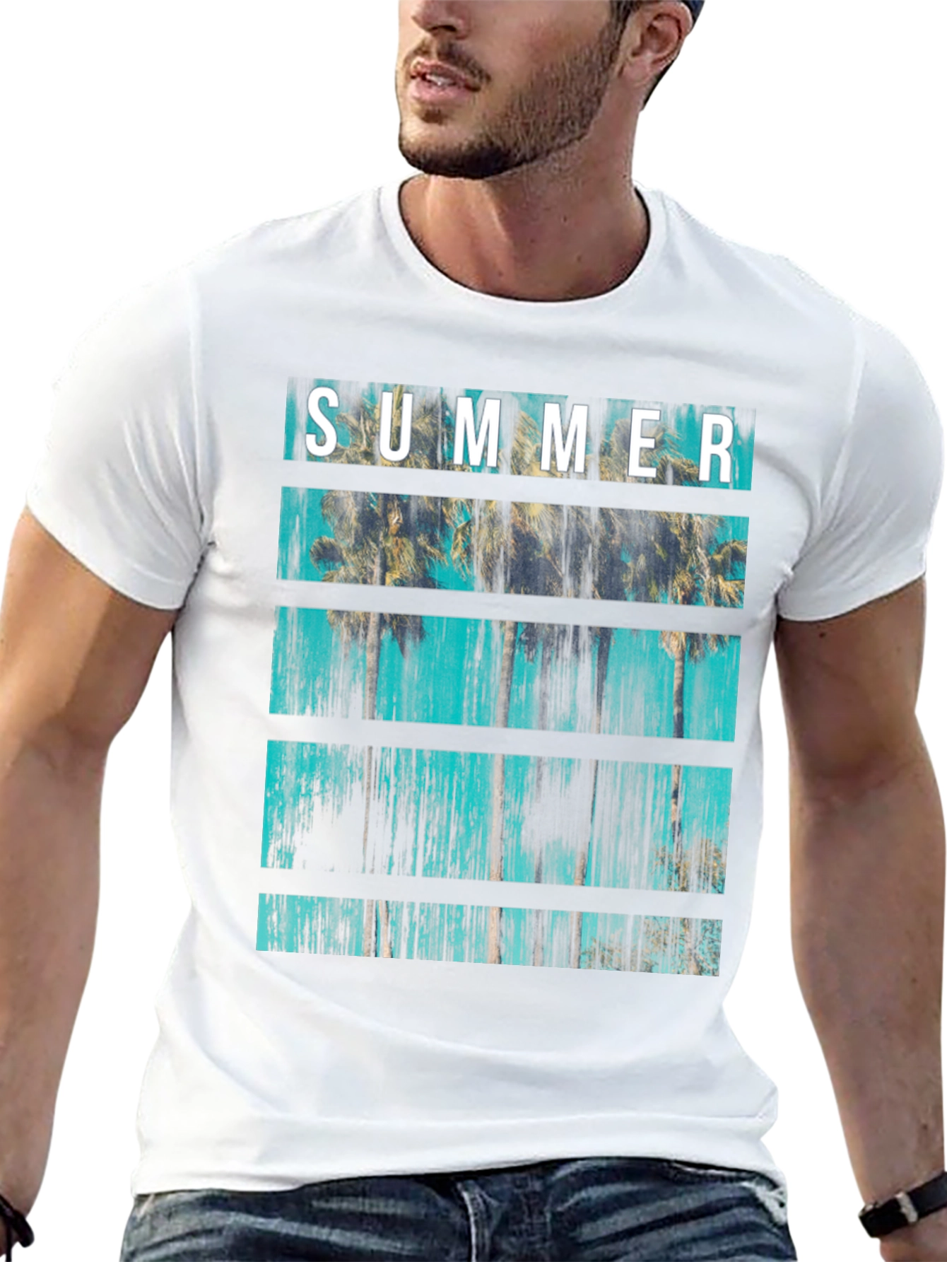 Summer Palm Tree Graphic Print Crew Neck T-Shirt