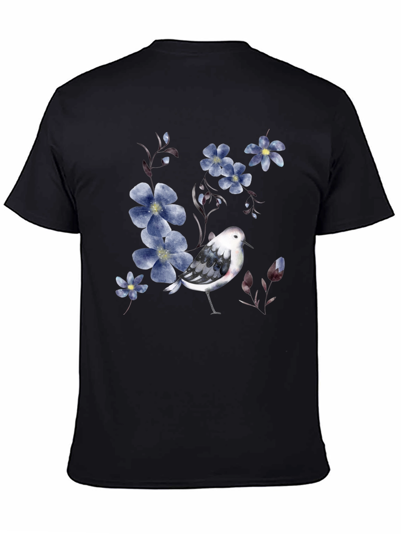 Floral Bird Print Black T-Shirt