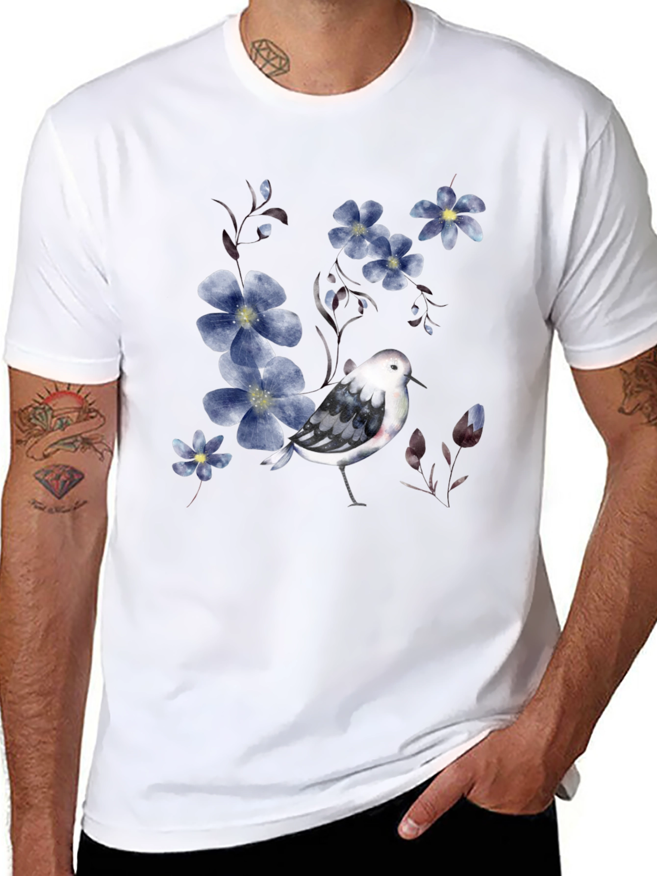 Floral Bird Print Black T-Shirt