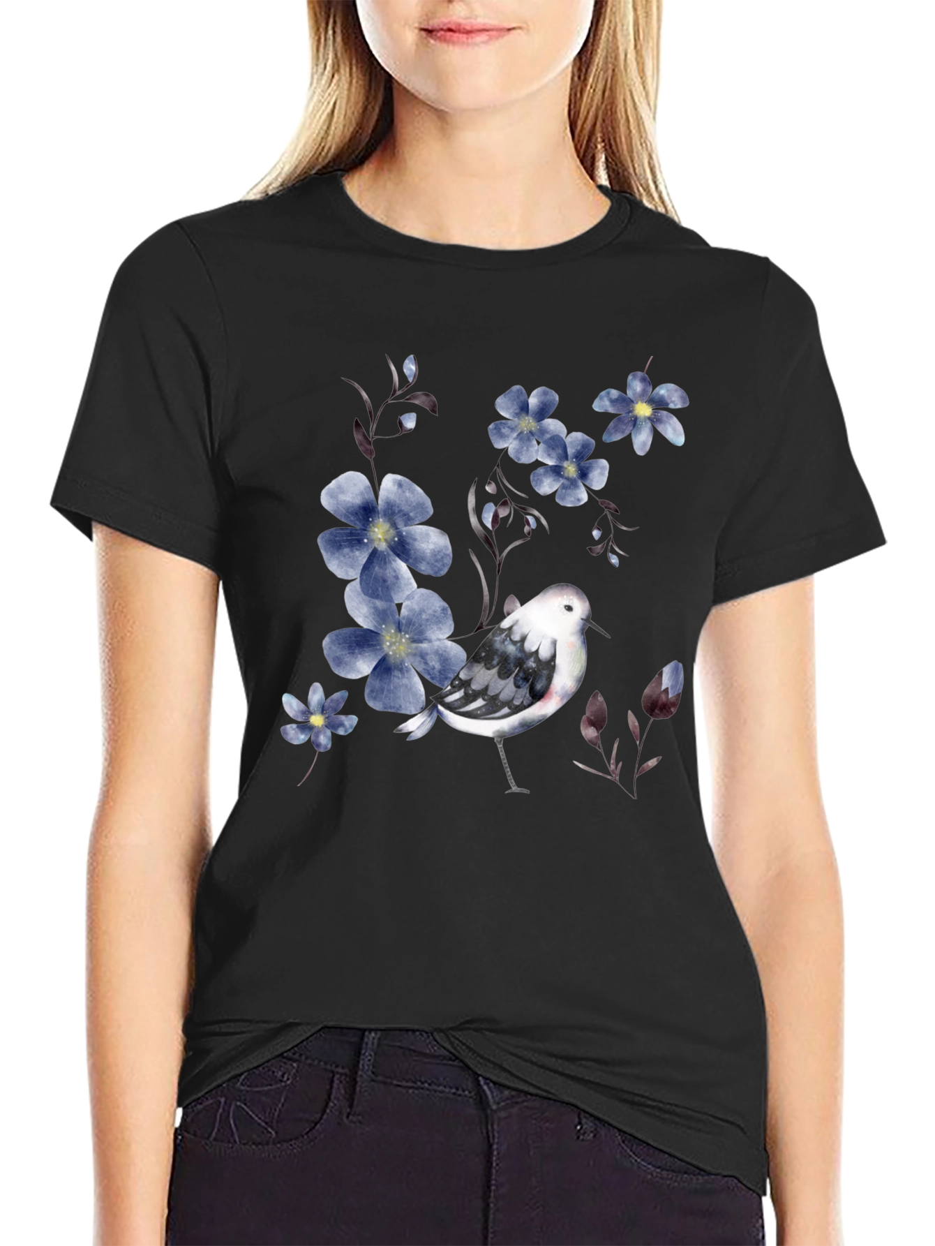 Floral Bird Print Black T-Shirt
