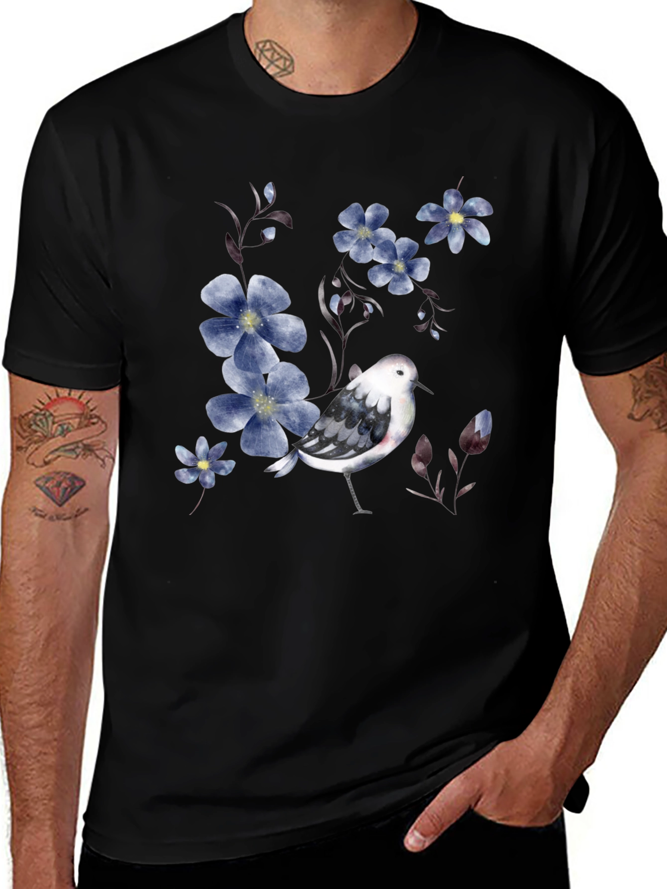 Floral Bird Print Black T-Shirt