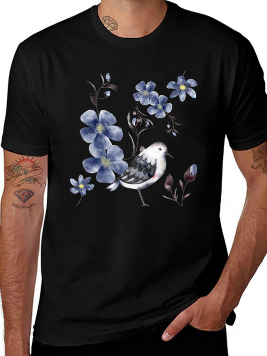 Floral Bird Print Black T-Shirt