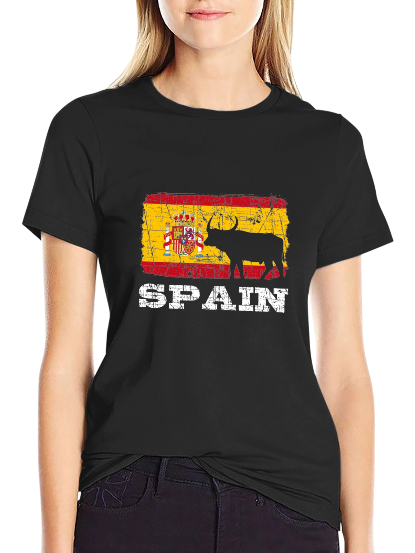 Spain Flag Bull Graphic Print Black T-Shirt