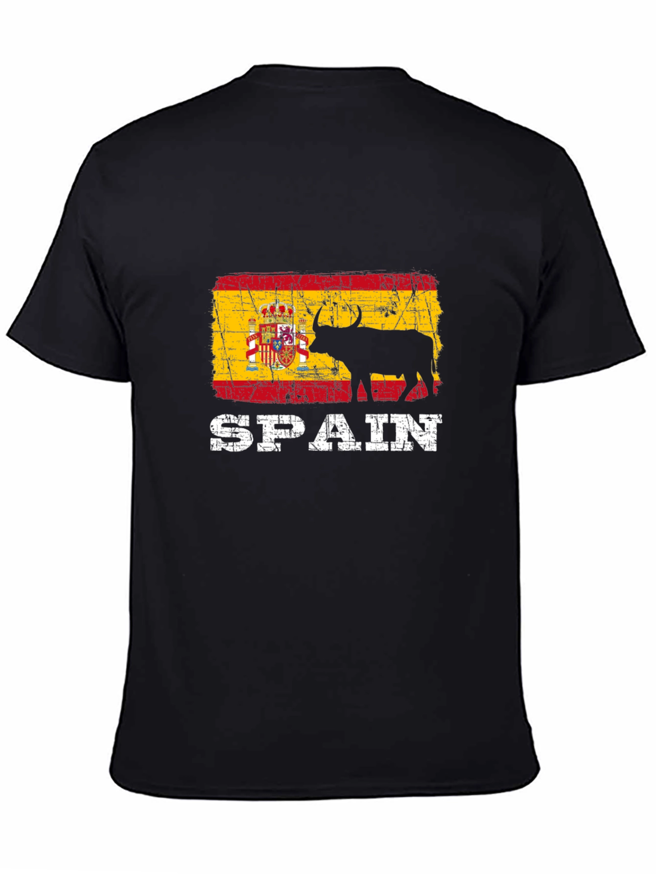Spain Flag Bull Graphic Print Black T-Shirt