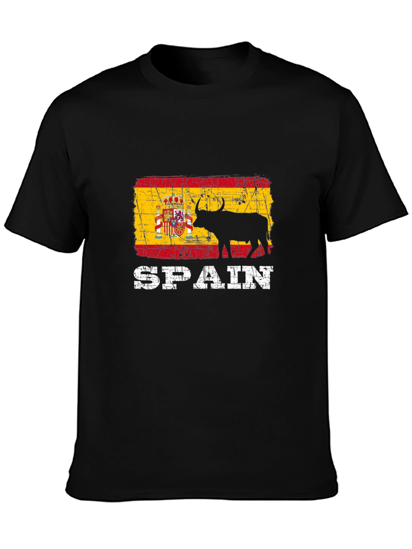 Spain Flag Bull Graphic Print Black T-Shirt