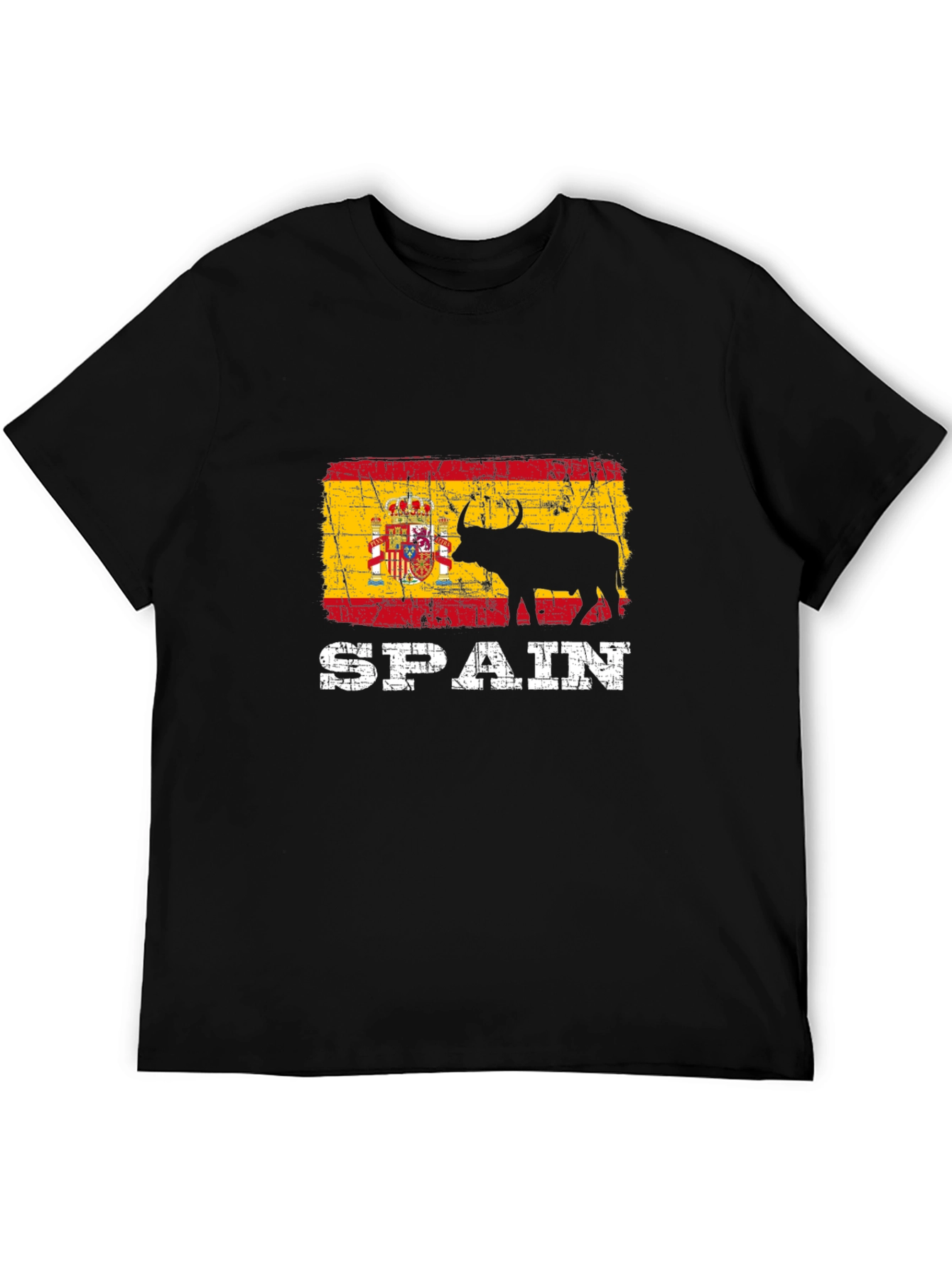 Spain Flag Bull Graphic Print Black T-Shirt