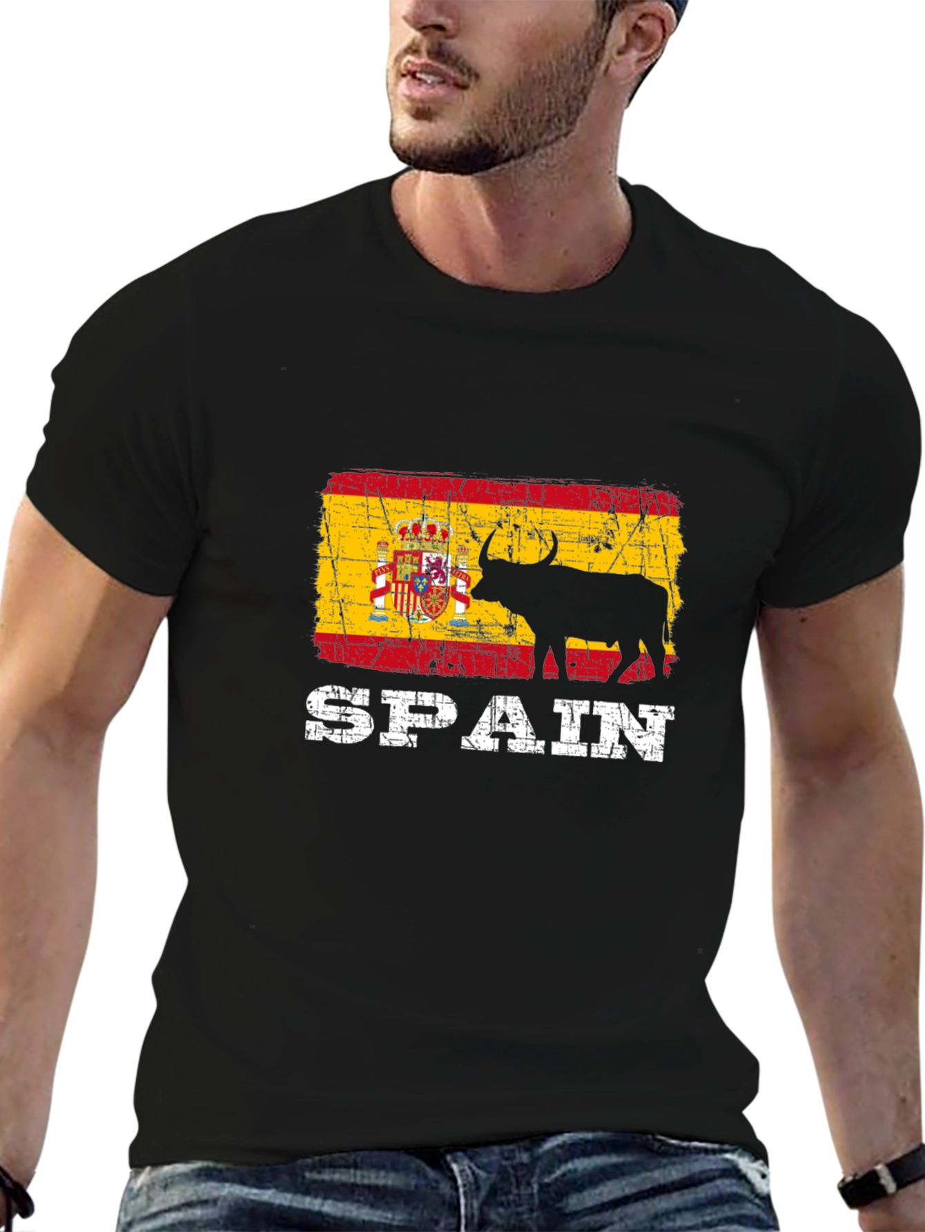 Spain Flag Bull Graphic Print Black T-Shirt