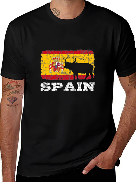 Spain Flag Bull Graphic Print Black T-Shirt