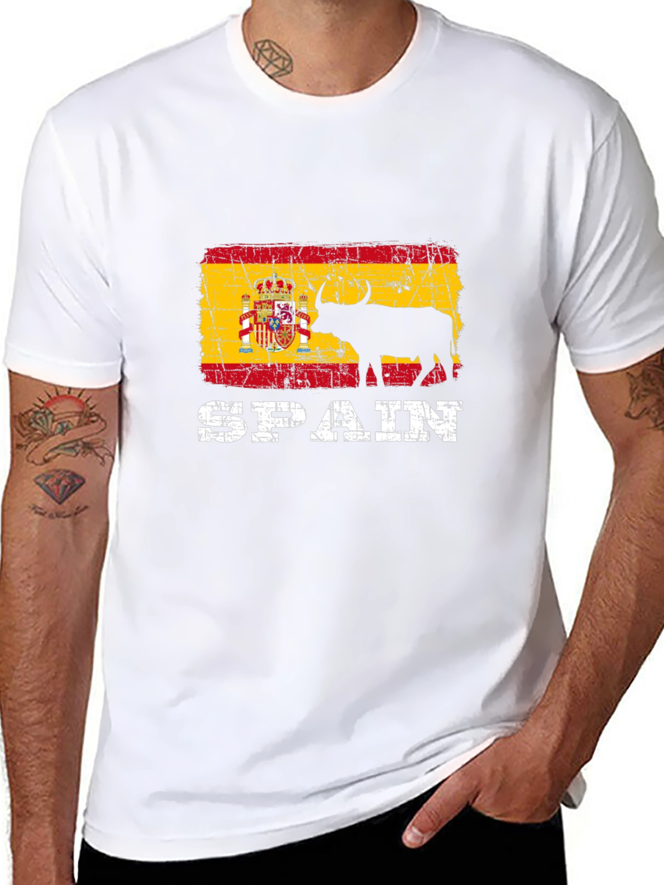 Spain Flag Bull Graphic Print Black T-Shirt