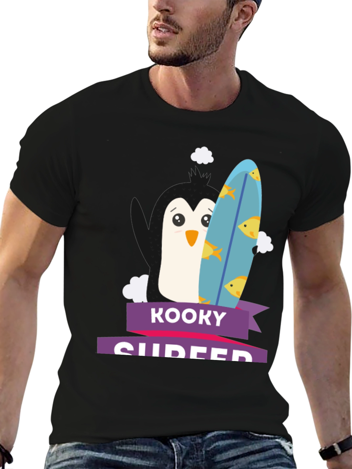 Kooky Surfer T-Shirt - Penguin with Surfboard