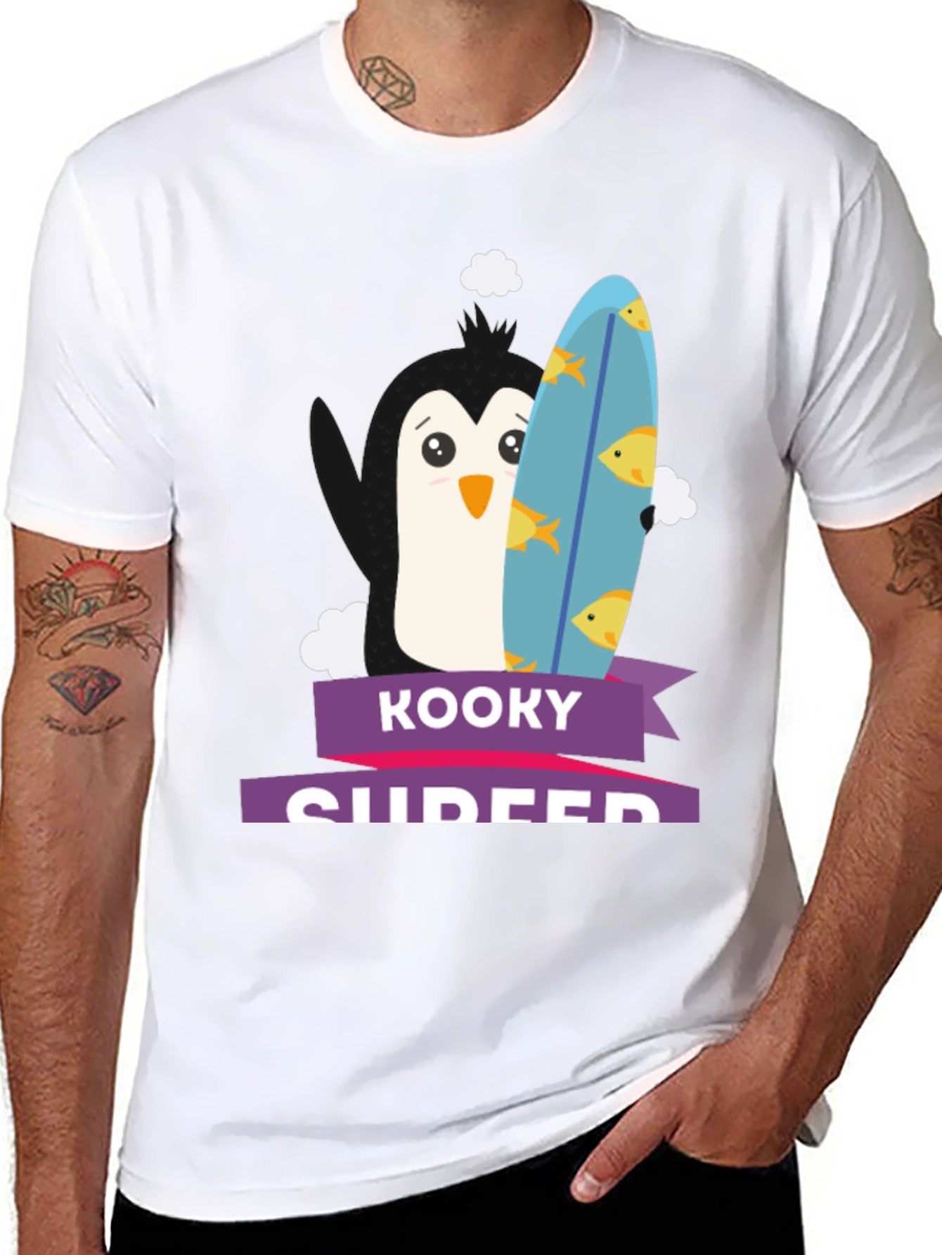 Kooky Surfer T-Shirt - Penguin with Surfboard