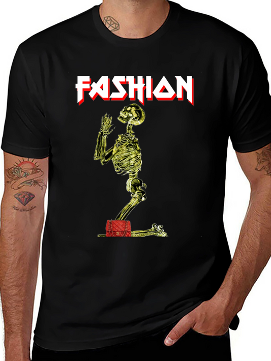 Fashion Skeleton Graphic Tee - Black Crew Neck Shirt