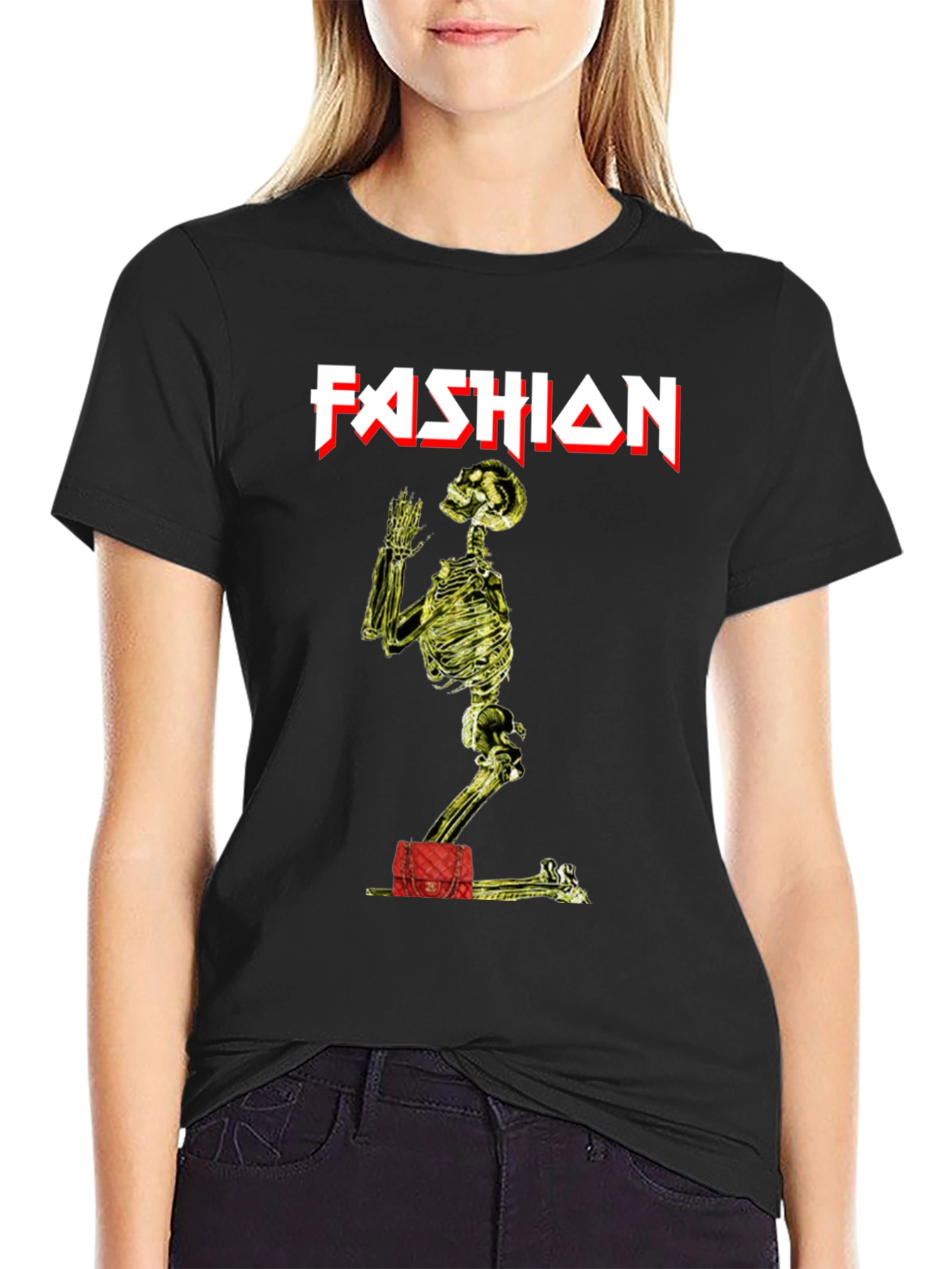 Fashion Skeleton Graphic Tee - Black Crew Neck Shirt