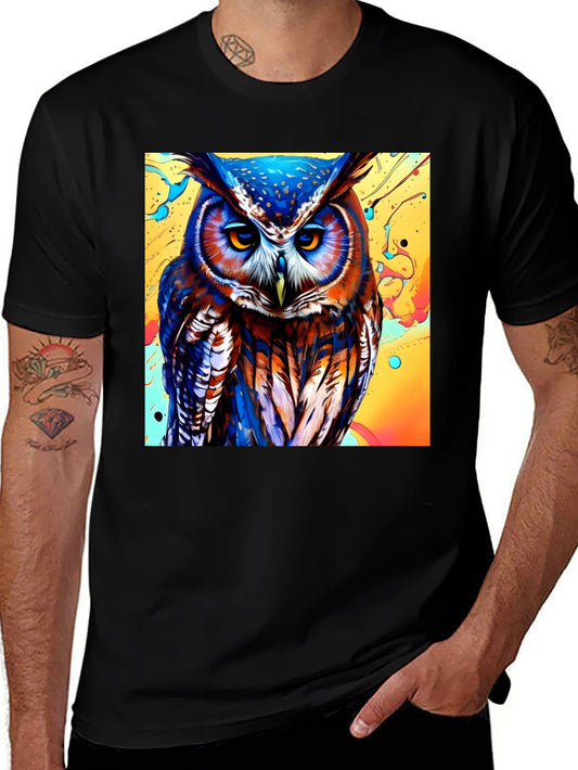 Colorful Owl Graphic Print Black T-Shirt