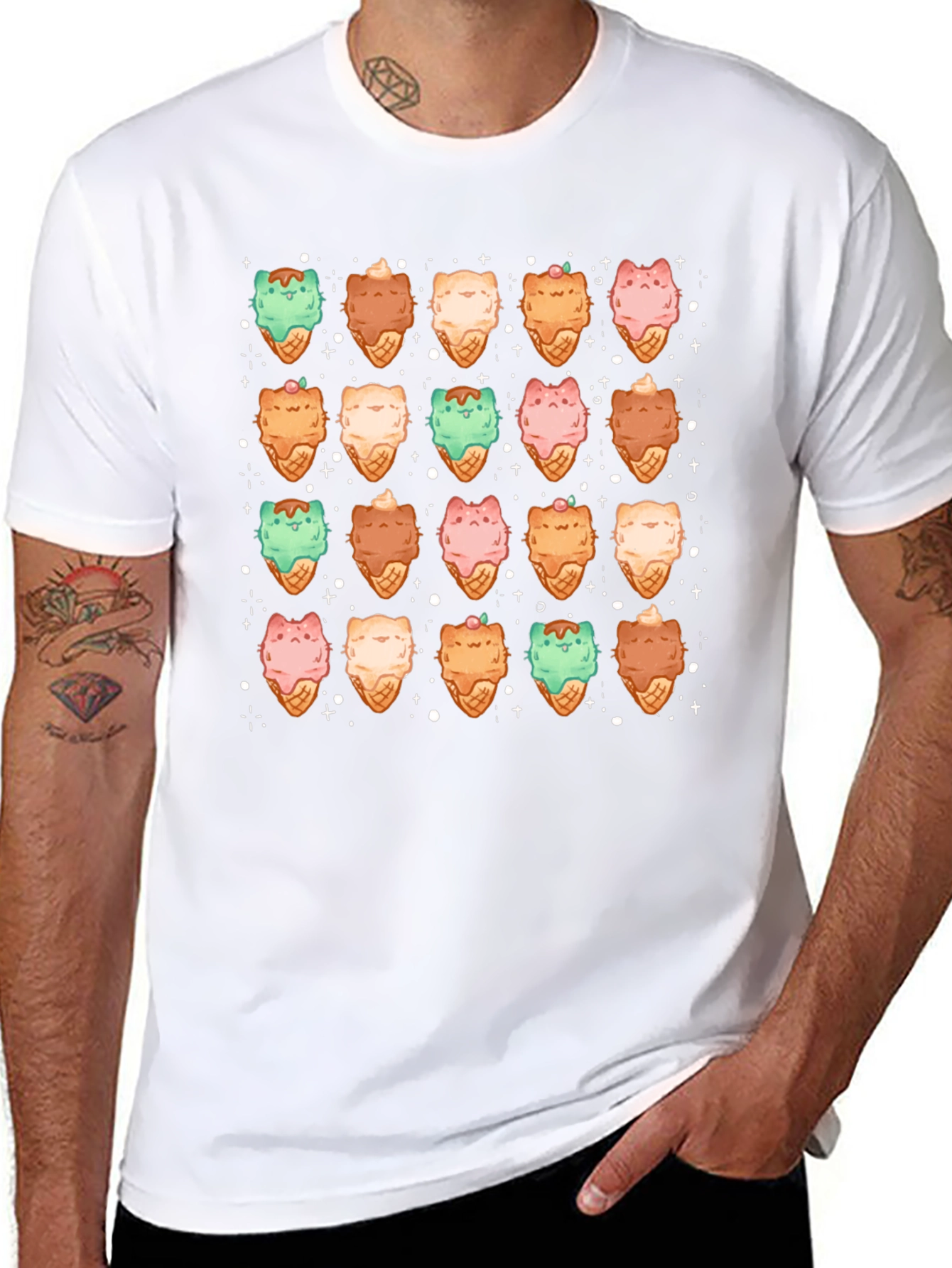 Cute Cat Ice Cream Cone Pattern T-Shirt