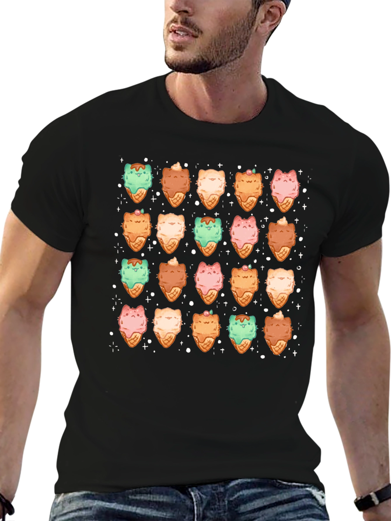 Cute Cat Ice Cream Cone Pattern T-Shirt