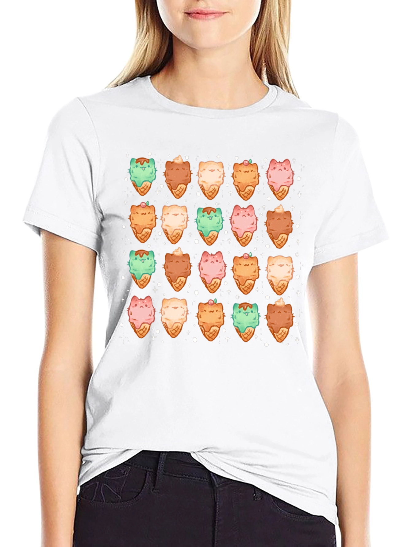 Cute Cat Ice Cream Cone Pattern T-Shirt