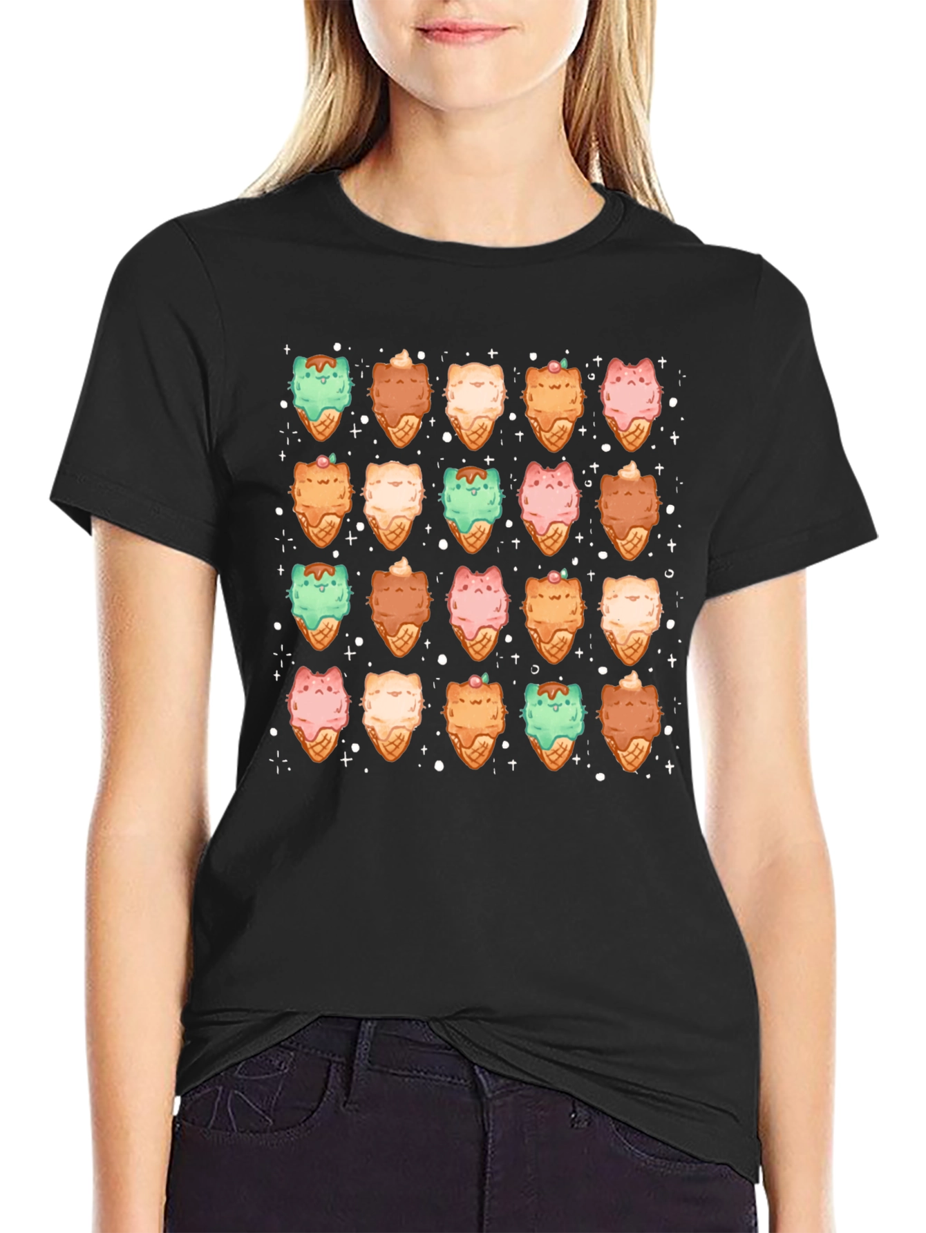 Cute Cat Ice Cream Cone Pattern T-Shirt