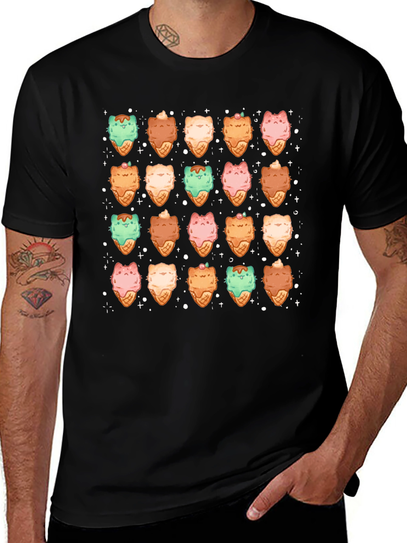 Cute Cat Ice Cream Cone Pattern T-Shirt