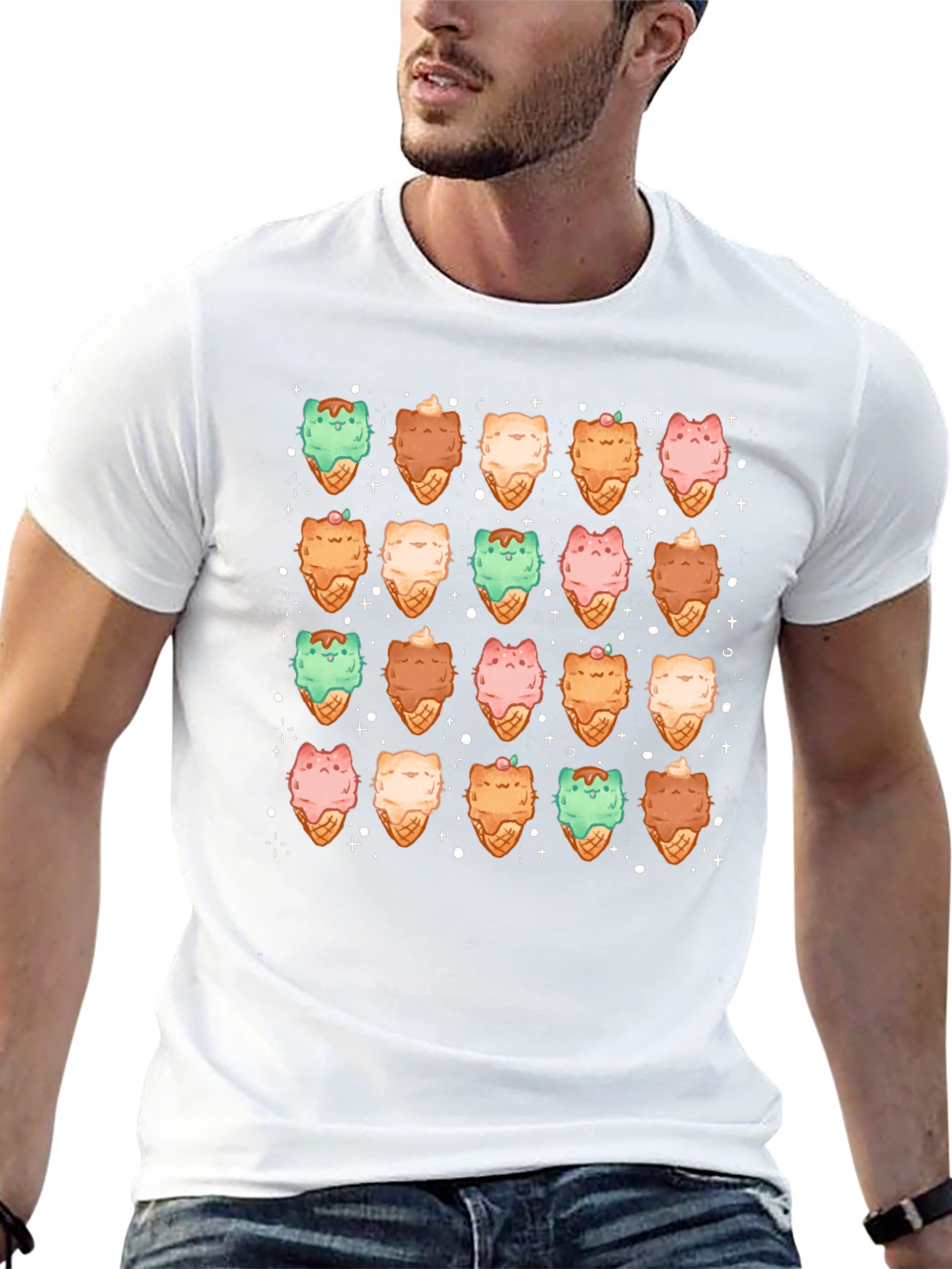 Cute Cat Ice Cream Cone Pattern T-Shirt